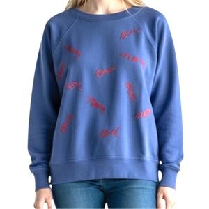 J. CREW Women's "Oui Non" Embroidered Sweatshirt Blue SMALL